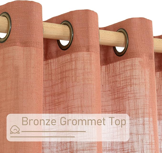 LAMIT Terracotta Linen Sheer Curtains 90 inch for Living Room, Soft Thick Bronze Grommet Light Filtering Boho Window Textured Neutral Fall Decor Drapes for Bedroom, 2 Panels Set, 52 x 90 Inch