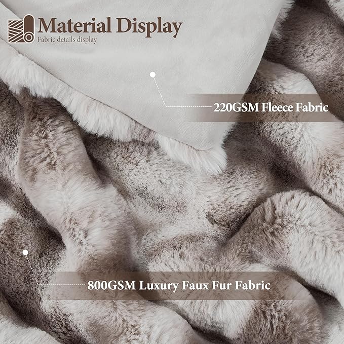 Touchat Luxury 1000GSM Rabbit Faux Fur Blanket, Super Heavy Warm Cozy Brown Blankets for Couch Bed Sofa, Ruched Plush Fuzzy Elegant Soft Reversible Mink Blanket Living Room Bedroom, 90" x 90"
