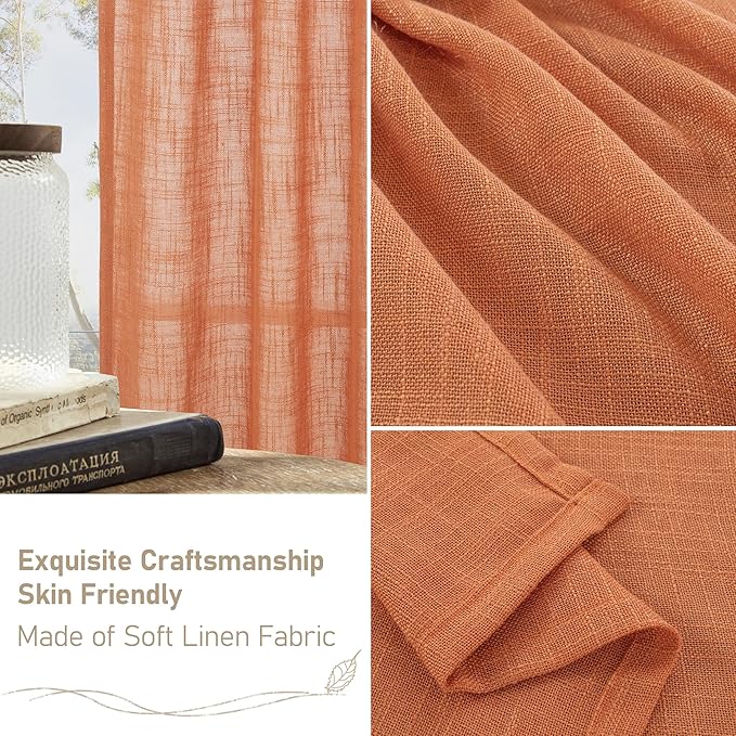 LAMIT Semi Sheer Linen Curtains 45 Inches Long, Bronze Grommet Light Filtering Panels Country Decor Drapes for Bedroom/Farmhouse/Windows, 52 x 45 Inch, Burnt Orange, 2 Panels Set