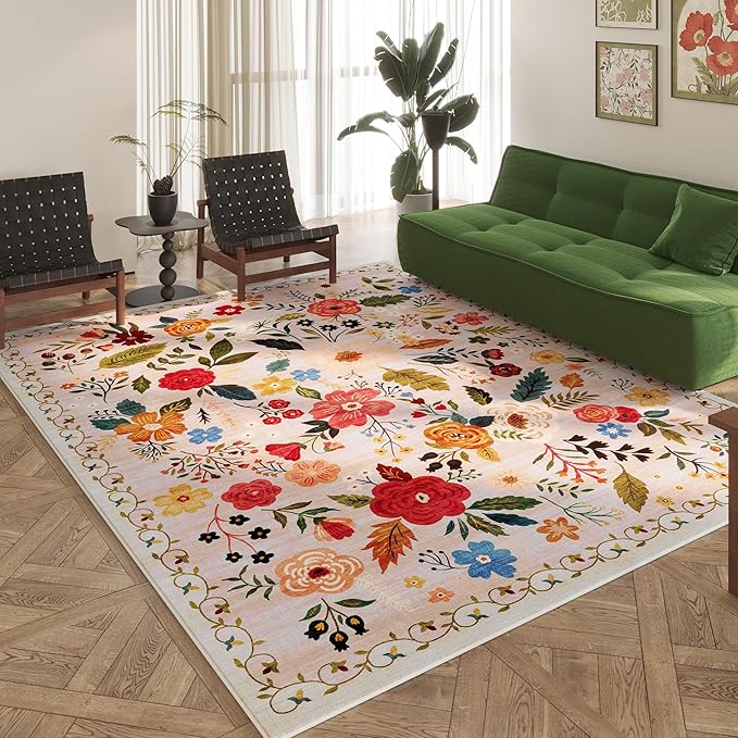 Area Rugs 8x10 Rug for Living Room Clearance Washable Boho Area Rug Non Slip Floral Vintage Low Pile Large Rug for Living Room, Bedroom, Farmhouse, Dining Room, Kids Playroom(Beige)