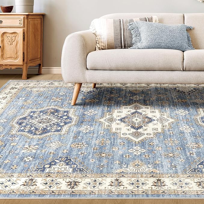 Washable Area Rugs for Living Room - 6x9 Neutral Vintage Distressed Floral Farmhouse Boho Large Soft Floor Rug Indoor Non Slip Carpet for Living Room Bedroom Dining Room Office - Blue