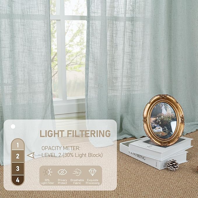 LAMIT Greyish Blue Linen Curtains 45 Inches Long for Bedroom, Light Filtering Panels Bronze Grommet Neutral Drapes for Kitchen/Window/Loft Room, 34 x 45 Inch, 2 Panels