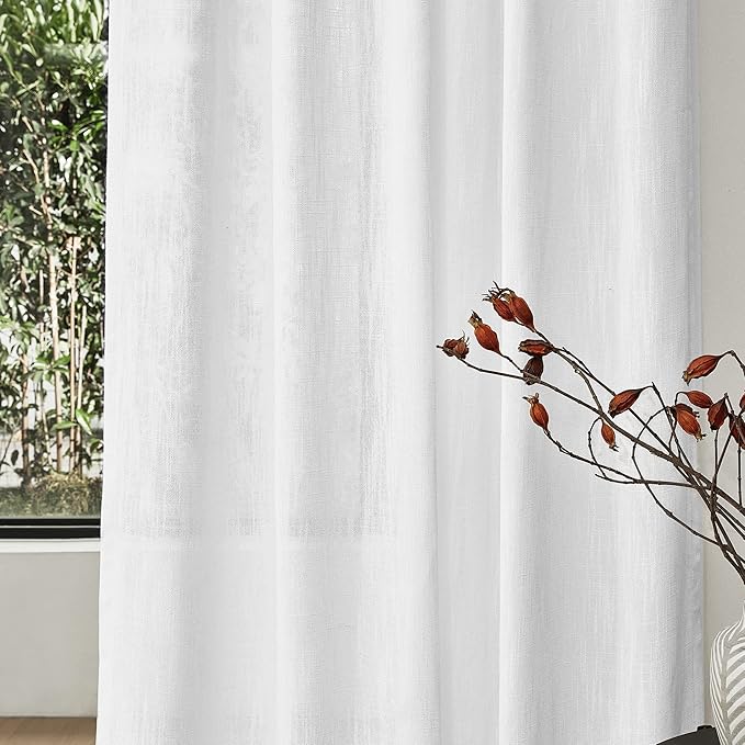 MYSKY HOME White Sheer Curtains 63 inch length Light Filtering Semi Sheer Curtains for Bedroom Short Window Treatment Privacy Protect Drapes Set, Back Tab Boho Farmhouse Linen Soft, 50" Wide, 2 Panels