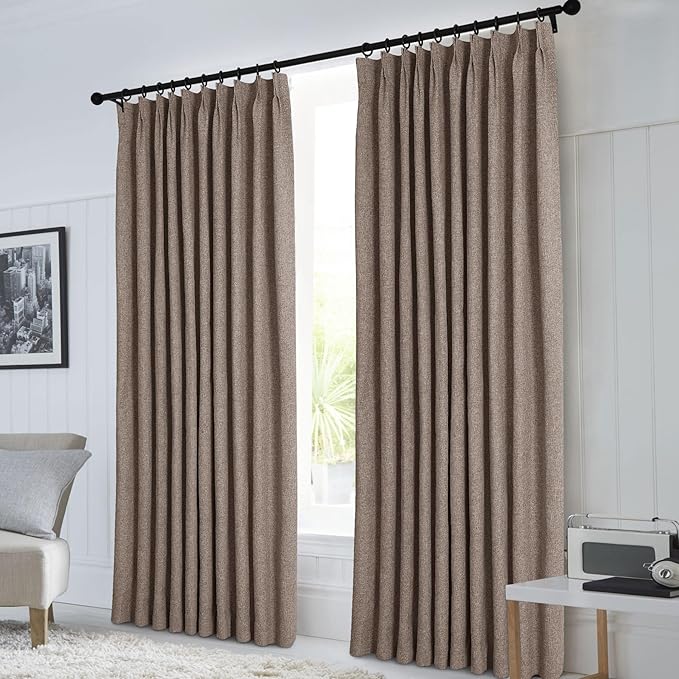Macochico Pinch Pleated Blackout Linen Curtains 96 Inches Long 100% Light Blocking Burlap Curtains for Bedroom Living Room Thermal Window Panels with Tieback 72”Wx96”L Light Brown 1 Panel