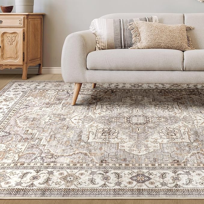 Washable Area Rugs for Living Room - 5x7 Neutral Vintage Distressed Floral Farmhouse Boho Large Soft Floor Rug Indoor Non Slip Carpet for Bedroom Dining Room Office - Grey Brown