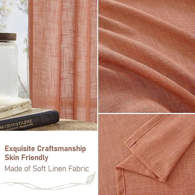 LAMIT Light Filtering Sheer Linen Curtains 102 inches Long, Linen Textured Semi Sheer Bronze Grommet Natural Boho Drapes for Living Room/Farmhouse, 2 Panels, Terracotta, 52 x 102 Inch