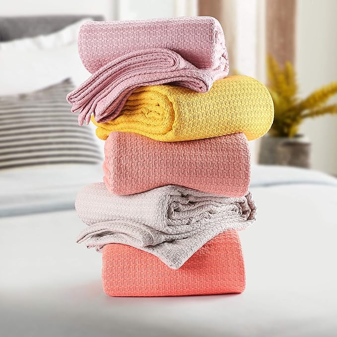 BELIZZI HOME 100% Cotton Bed Blanket, Breathable Bed Blanket King Size, Cotton Thermal Blankets King, Perfect for Layering Any Bed for All Season, Peach
