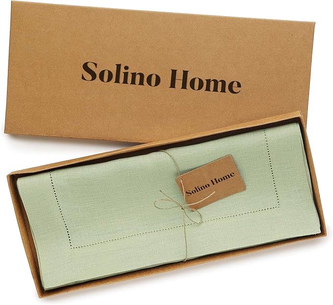 Solino Home Linen Sage Green Table Runner 90 Inches Long - 100% Pure Linen Hemstitch 14 x 90 Inch Table Runner for Dining, Fall, Autumn, Thanksgiving - Classic Hemstitch
