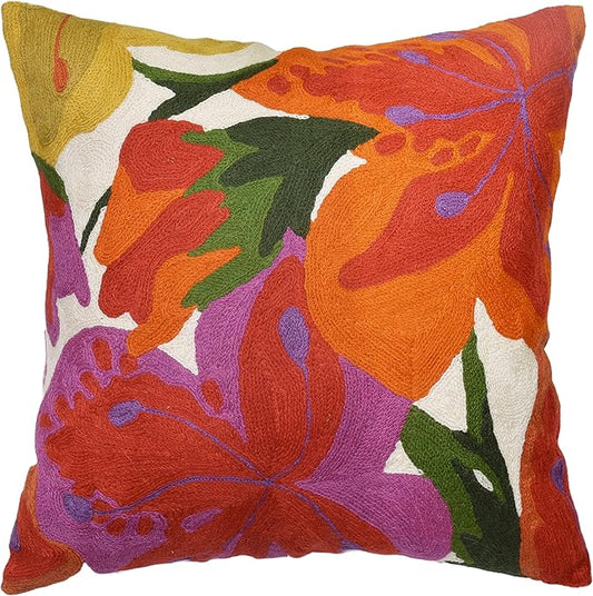 Floral Bloom Pillow Cover | Suzani Accent Pillowcase | Flower Accent Cushions | Hand Embroidered Wool Cushion - 18x18