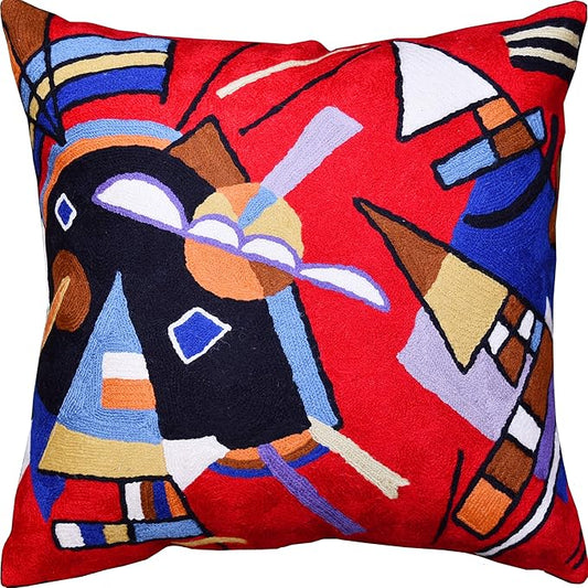 Kandinsky Contemporary Throw Pillow Cover - Bright | Red Modern Pillow Cases | Abstract Accent Pillows | Contemporary Couch Cushions | Hand Embroidered Cushion | Wool Size 18x18