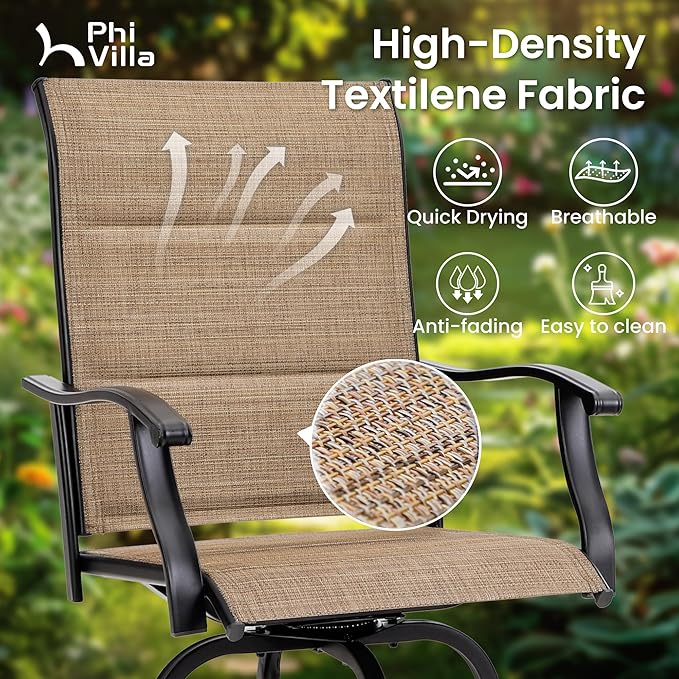 PHI VILLA 5 Piece Outdoor Bar Set, High Top Patio Dining Table and Chairs with 4 Swivel Padded Bar Stools (Brown) & Wood-Like Steel Bar Table for Deck, Garden, Poolside and Porch