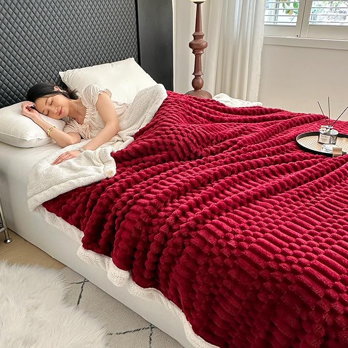 UKELER Sherpa Throw Blanket 60 × 80 inch, 470 GSM Striped Sherpa Fleece Blanket for All Season, Warm and Cozy Blankets for Couch Sofa Bed Office Camping, Red