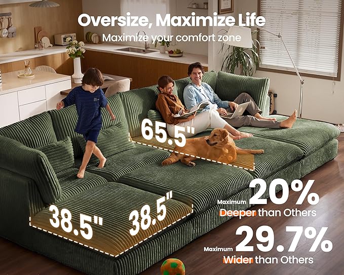 Oversized Modular Sofa, Extra Deep Cloud Corduroy Sectional Couch with Ottoman Chaise, Fluffy Chenille 6 Seater Couch Bed for Living Room, Villa (Sofa Bed 6 Seater, Corduroy Green)