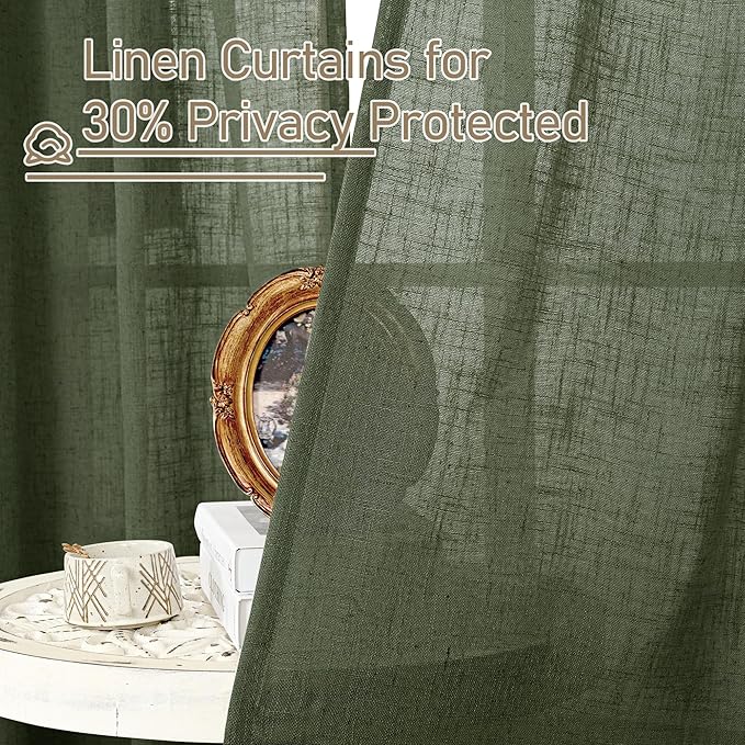 LAMIT Olive Green Linen Curtains 84 inch Length, Soft Linen Textured Light Filtering Semi Sheer Panels with Bronze Grommet for Bedroom/Living Room, 2 Panels, 34 x 84 Inch
