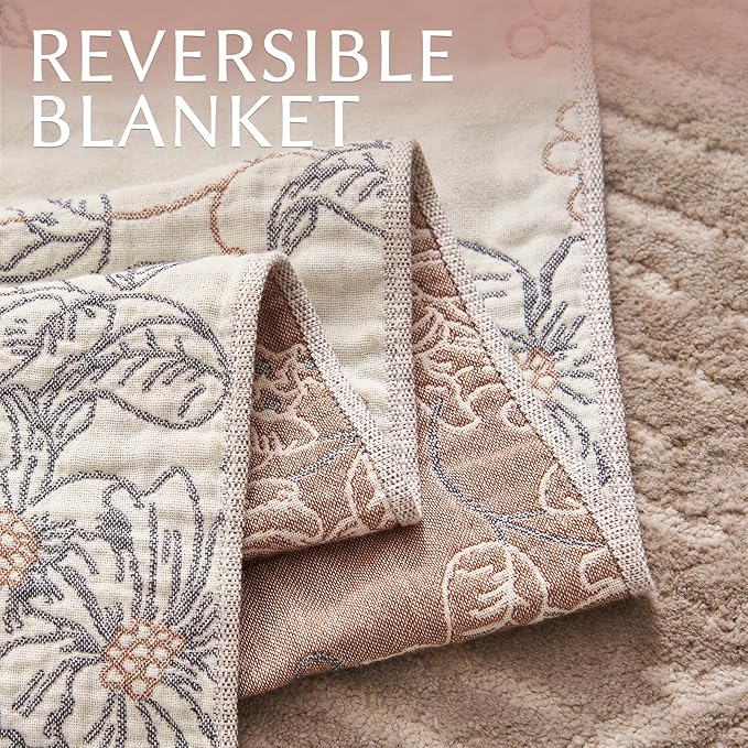 JINCHAN Boho Floral 100% Cotton Blanket 4-Layer Throw Blanket with Tassel Taupe and White Flower Butterfly Soft Luxury Rustic Farmhouse Decor Blanket for Couch Bed 80x90 inch All Season gift for women