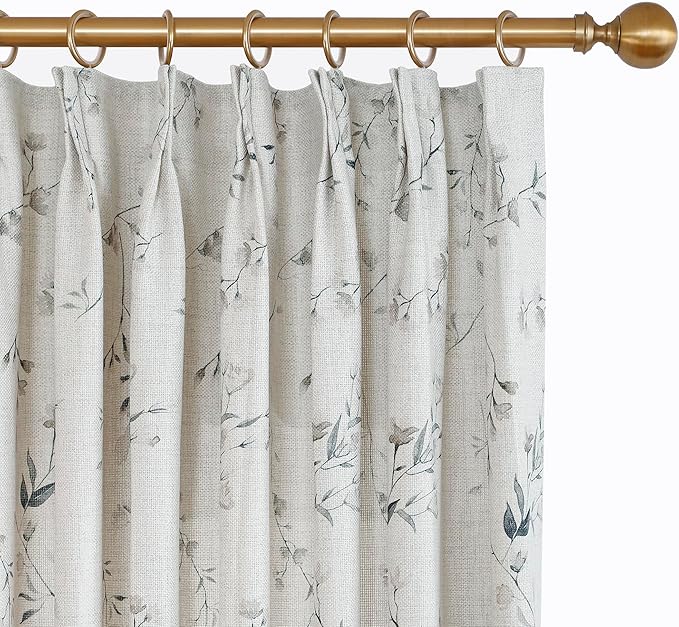 Pinch Pleated Floral Linen Curtains, 100 Inch Wide by 102 Inch Long Printed Curtains for Privacy Light Filtering, Suitable for Living Rooms and Sunrooms.2 Panels