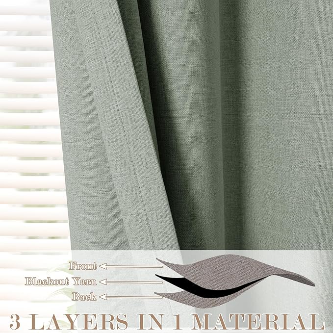 Fog Green Pinch Pleat 100% Blackout Drapes Linen Blend, Room Divider, Room Darkening, Energy Saving, Furniture Protecting, Light Blocking Extra Wide Privacy Curtains, 200Wx108L, 1 PC