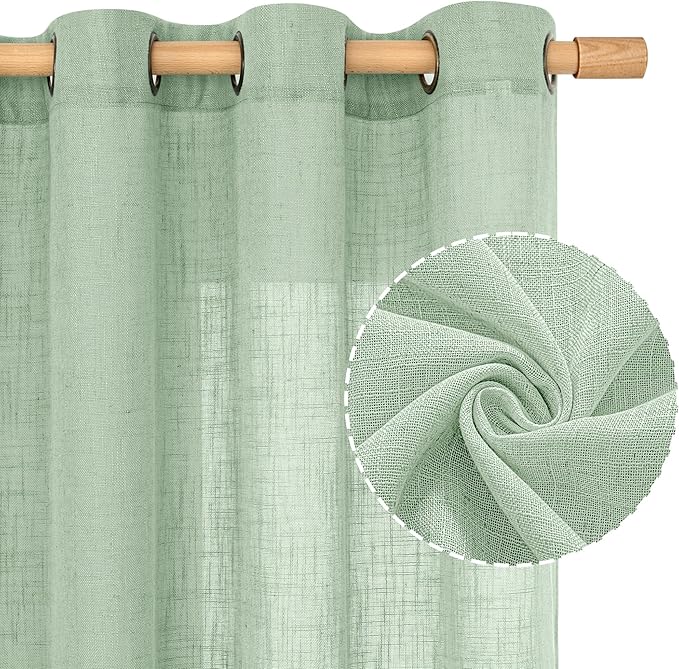 LAMIT Fresh Green Linen Sheer Curtains 45 inch for Kitchen, Soft Thick Light Filtering Boho Decor Neutral Drapes with Bronze Grommet for Basement/Window, 2 Panels, 34 x 45 Inch