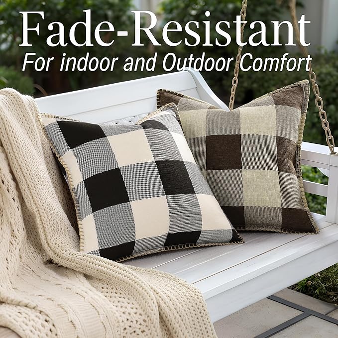 decorUhome Buffalo Plaid Check Throw Pillow Covers 12x20 Set of 2, Outdoor Lumbar Decorative Farmhouse Neutral Pillow Covers with Stitched Edge for Bed Couch Sofa, Black and White