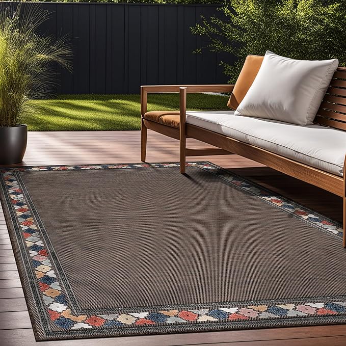 Beverly Rug Outdoor Rug 10x14 Modern Bordered Large Area Rugs for Indoor and Outdoor Patio Easy to Clean Non Shedding Living Room Porch Garden Washable Outside Carpet (10 x 14 Brown)