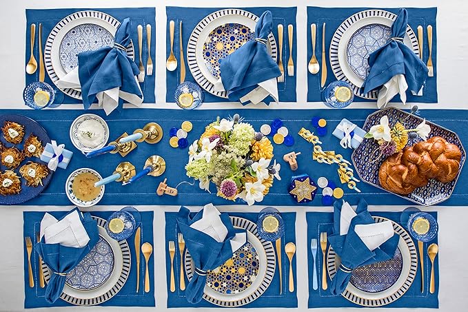Solino Home Linen Table Runner 48 Inches - 100% Pure Linen Indigo Blue Hemstitch Table Runner 14 x 48 Inch Ideal for Dresser and Coffee Tables - Fall, Autumn - Classic Hemstitch