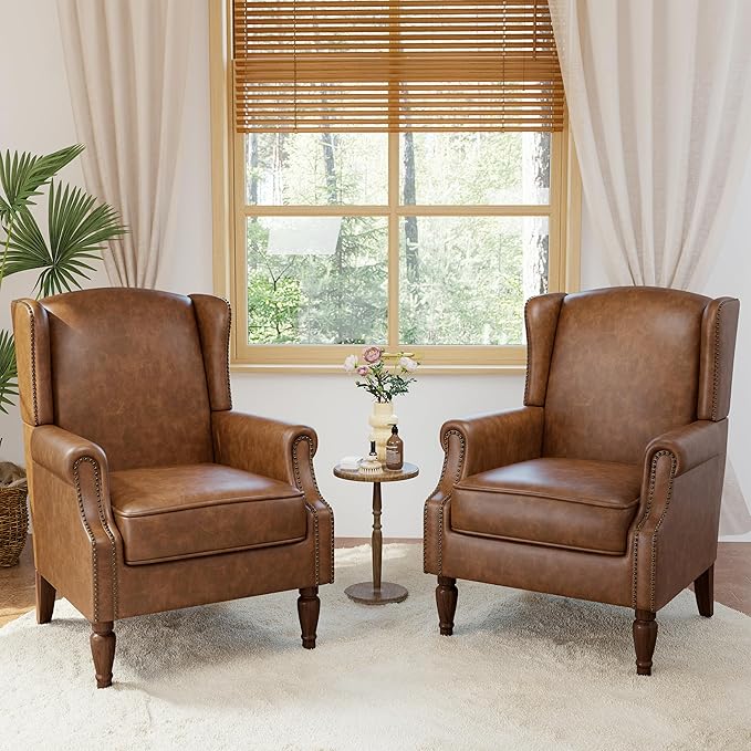 Accent Chairs, Faux Leather High Back Armchair setof 2 or Living Room, Comfy Upholstered Single Sofa Reading Chairs with Solid Wood Legs for Office, Bedroom, Waiting Room-Leather Brown