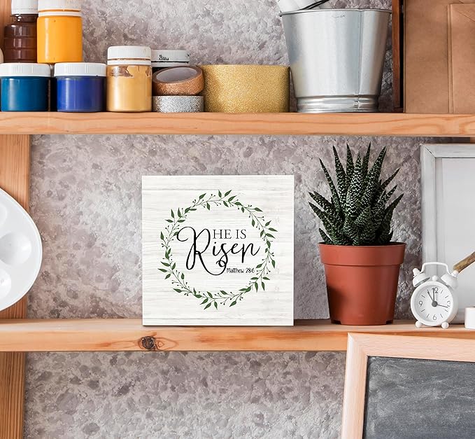 SRADMO He Is Resen Wood Box Sign Desk Decor, Christian Decor Wooden Sign Decoration For Home Office, Wooden Sign Decorations Indoor, Christian Signs For Home Decor Shelf Table Decor