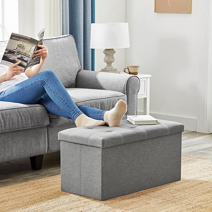 SONGMICS MAZIE Collection - 30 Inches Ottoman Storage Bench, 21 Gal. Folding Chest with Breathable Linen-Look Fabric, Load up to 660 lb, for Entryway, Living Room, Bedroom, Light Gray ULSF001G02