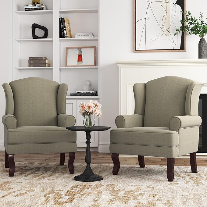 Accent Chair, High Back Upholstered Armchair with High Resilience Sponge & Wood Legs, Mid-Century Modern Comfy Single Sofa Reading Chairs for Living Room, Bedroom (Light Camel, Set of 2)