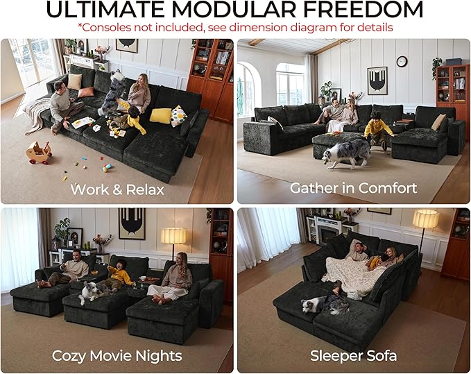 Oversized Modular Sofa Comfy Cloud Couch with Storage, Extra Deep Plush Sectional Sofa Set for Living Room, Covers Washable, Chenille, Olar (Black, 8-Seater with Corner & 2 Ottomans, u-Shaped)
