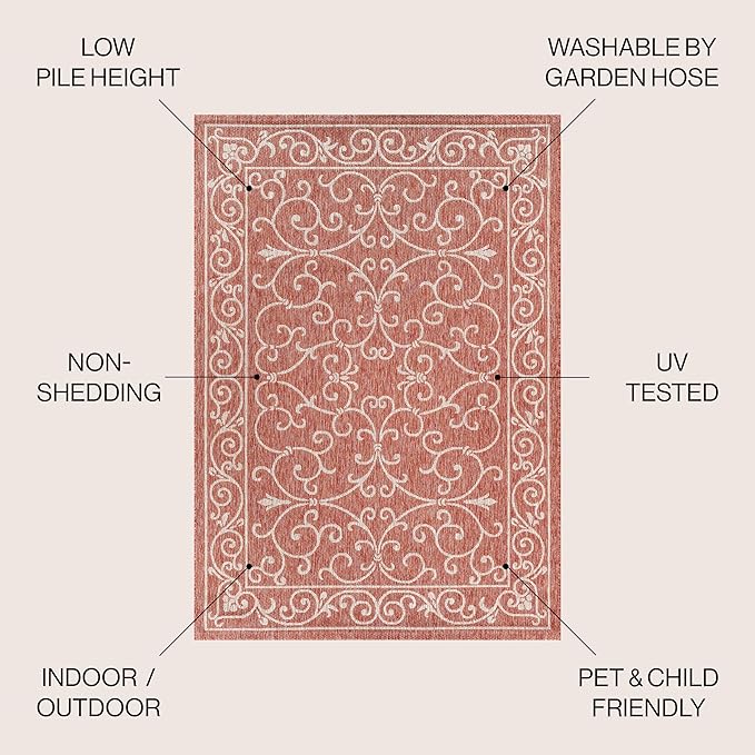 JONATHAN Y Vintage Filigree Indoor Outdoor Area Rug 3X5 Red/Beige, Charleston Textured Weave for Backyard, Patio, Porch, Easy-Cleaning, High Traffic, Pet-Friendly, Non-Shedding (SMB106B-3)