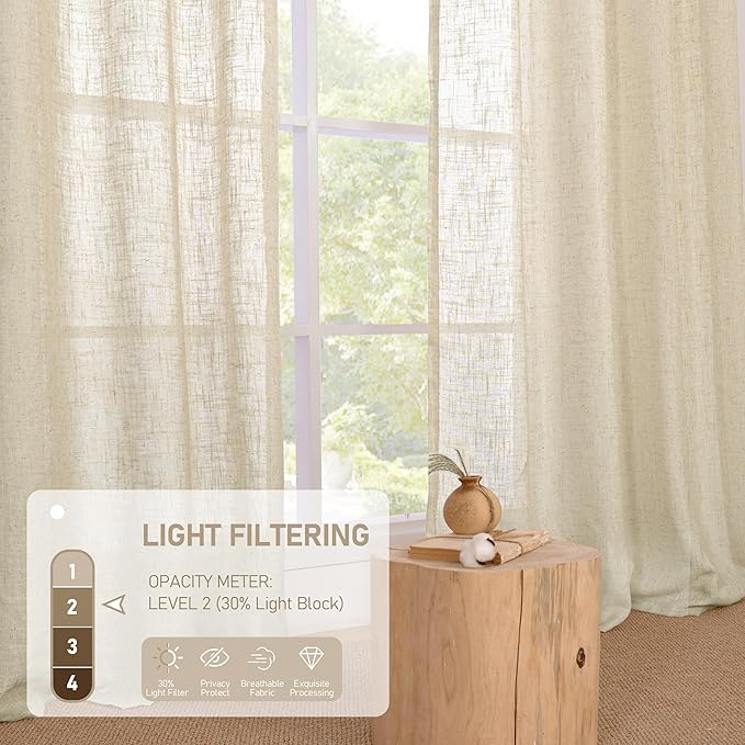 LAMIT Linen Curtains 72 inches Long for Living Room, Soft Thick Linen Semi Sheer Light Filtering Bronze Grommet Window Treatments Neutral Drapes for Bedroom, 2 Panels Set, 52 x 72 Inch
