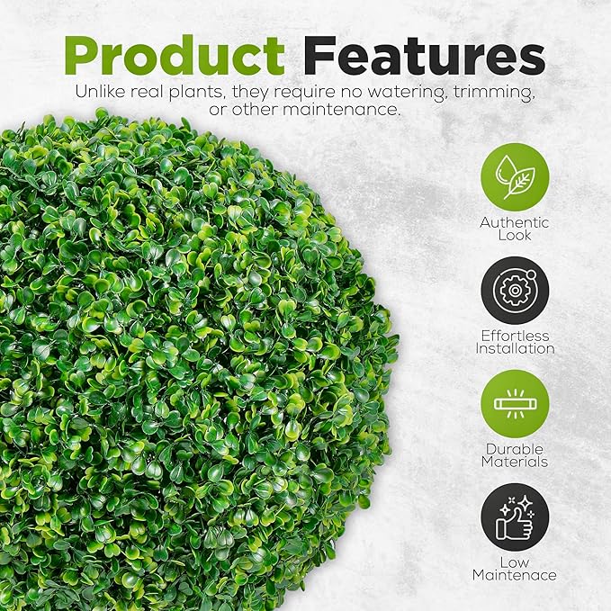 DRAY Premium 13" Faux Boxwood Balls – Set of 2 Artificial Topiary Spheres for Outdoor & Indoor Use – Realistic, UV-Resistant, Weatherproof Decorative Greenery – Check Measurements