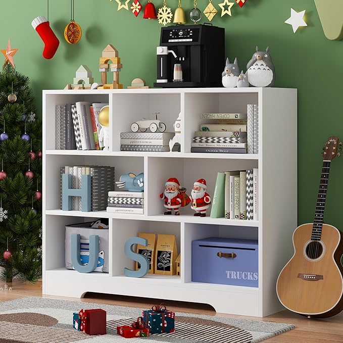 Book Shelf, 8 Cubes Storage Organizer, 3-Tier Open Shelf Wooden Bookcase, Freestanding White Bookshelf Cube Shelf for Bedroom, Living Room