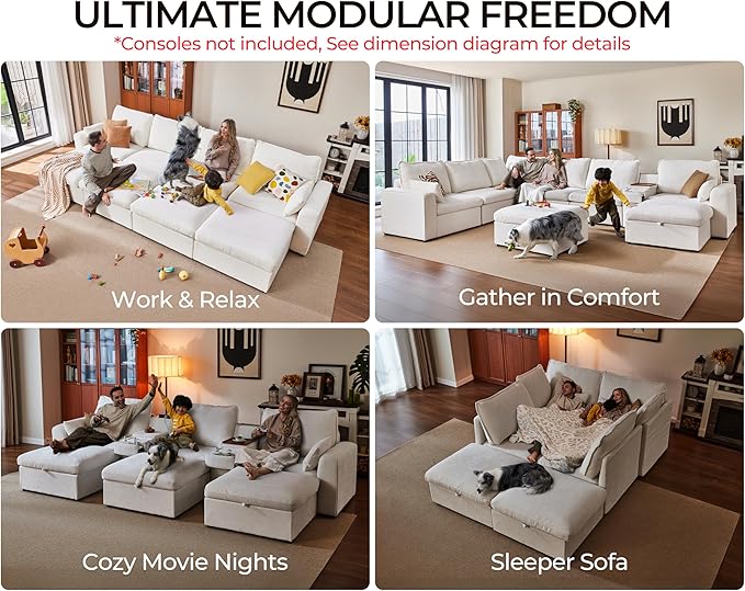 Oversized Modular Sofa Comfy Cloud Couch with Storage, Extra Deep Plush Sectional Sofa Set for Living Room, Covers Washable, Chenille, Olar (White, 6-Seater with 3 Ottomans, Sleeper)