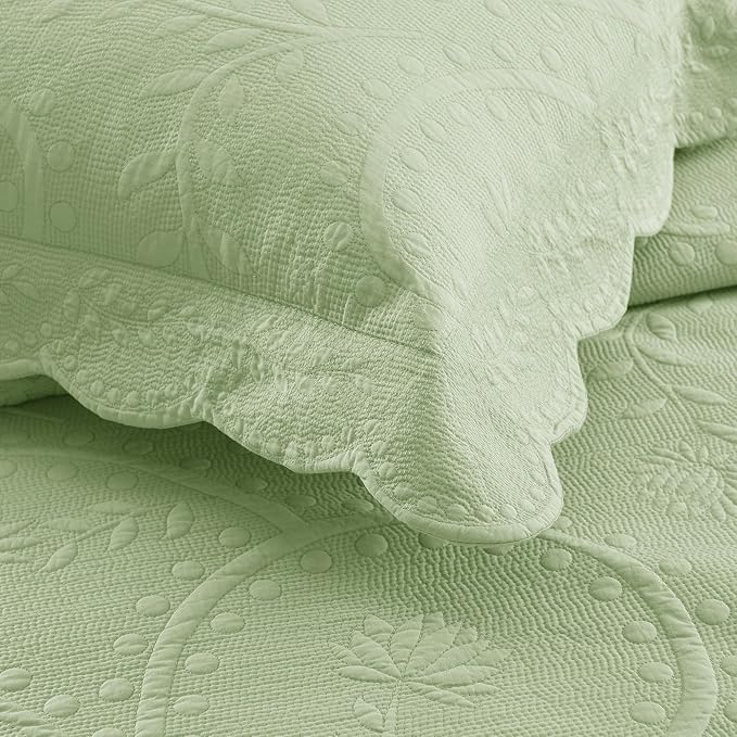 MarCielo 3-Piece 100% Cotton Oversized Bedspread Lightweight Quilt Coverlet Embroidery Farmhouse Bedding Set (TX Pale Green, Oversized Queen (100"x106"))