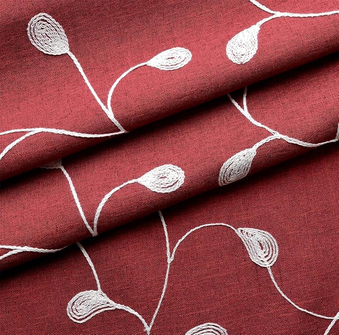 MIUCO Floral Embroidery Semi Sheer Curtain Panels Faux Linen Grommet Curtains for Kids Room 52 x 95 Inch 2 Panels, Burgundy