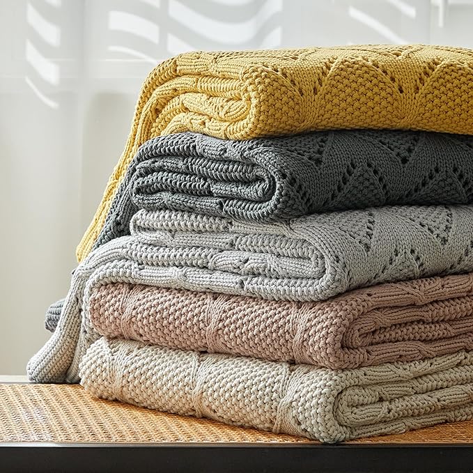 Longhui bedding Chunky Cotton Knit Throw Blanket for Couch, Sofa, Bed, or Chair, Decorative Breathable Fall Cable Knit Blanket 51 x 63 Inches, Medium Weight Mustard Yellow