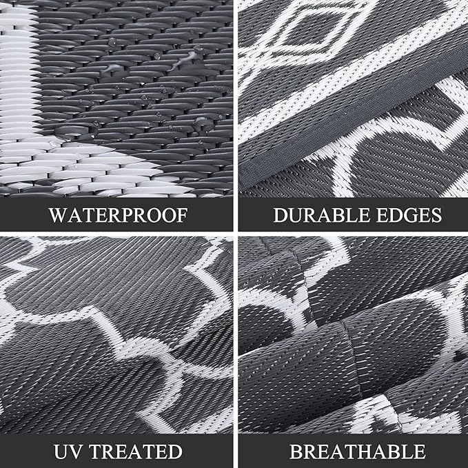 GAOMON Outdoor Rugs Patio Camping Waterproof Rug 6'x9' Plastic Straw Patio Rug Portable for Campers, Outside RVs Mat for Patios Clearance, Backyard Porch, Balcony, Grey/White(Geometric)