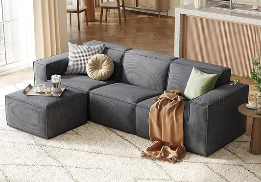 LINSY HOME Oversized Modular Sectional Sofa, 105" Cloud Couch L Shaped 3-Seat Sofa with Ottoman, Corduroy Deep Seat Modular Couches for Living Room, No Assembly Required, Bluish Grey
