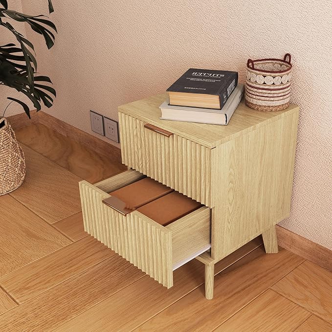 Fluted Nightstands Set of 2, Mid Century Modern 2 Drawer Dresser for Bedroom, Small Night Stand Side Table End Table with Wood Drawer Storage for Bedroom Closet, Natural