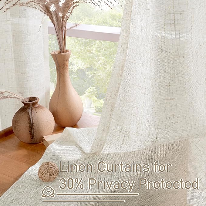 LAMIT Natural Linen Semi Sheer Curtains 45 Inch Length, Light Filtering Short Linen Neutral Decorative Window Drapes with Bronze Grommet for Bedroom/Kitchen, Cream Ivory, 2 Panels Set, 52 X 45 Inch