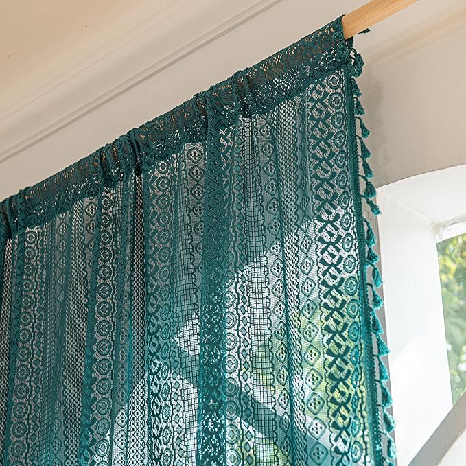Sutuo Home Turquoise Boho Curtains 90 inches Long for Bedroom Living Room Dining Room, Crochet Lace Sheer Bohemian Hollow with Tassels, Country Window Treatment Drapes, 1 Panel 59" W x 90" L