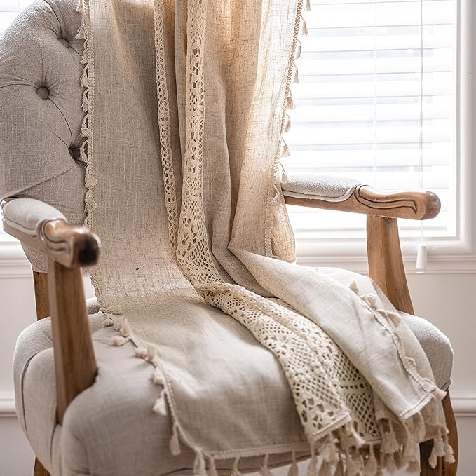 Sutuo Home Boho Linen Curtains for Kitchen Bedroom, Bohemian Semi Sheer Crochet Hollow Lace Patchwork with Textured Fabric Vintage Chic Handmade Tassels Rod Pocket Window Drapes, 59"W x 63"L, 1 Panel