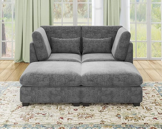Oversized Modular Sofa, Extra Deep Cloud Chenille Sectional Couch with Ottoman Chaise, Fluffy Chenille 2 Seater Sofa Bed for Living Room, Villa (Sofa Bed 4 Seater, Chenille Grey)