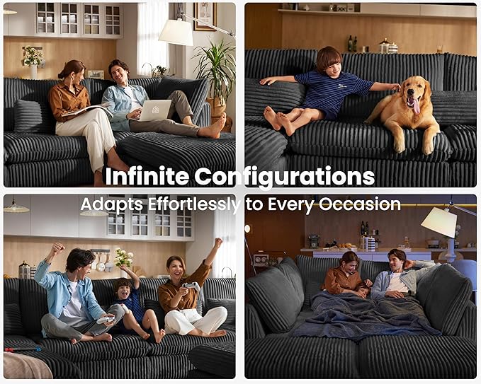 Oversized Modular Sofa, Extra Deep Cloud Corduroy Sectional Couch with Ottoman Chaise, Fluffy Chenille 6 Seater Couch Bed for Living Room, Villa (Sofa Bed 6 Seater, Corduroy Black)