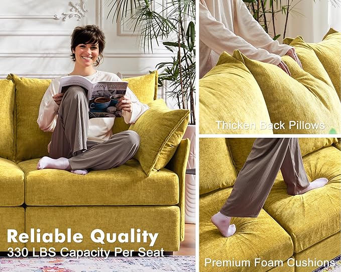 Oversized Accent Chair, 24.5" Deep Seat Large Reading Armchair with Removable Backrest & Detachable Cover,Chenille Yellow for Living Room/Bedroom/Office