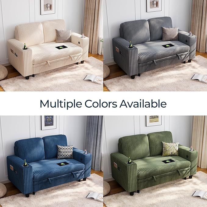 LINSY HOME Loveseat Sofa with Storage - Comfy Plush Corduroy 2 Seater Sofa with USB Charging & Cup Holders, Deep Seat Love Seat for Small Spaces Living Room Bedroom Apartment, Grey