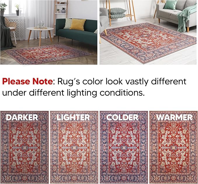 Keen Home Design 8x10 Rug - Machine Washable Area Rug with Non-Slip Backing, Ideal for Living Room, Dining Room, Bedroom - Vintage, Easy Clean, Durable, Low Pile Rug - (8' x 10')