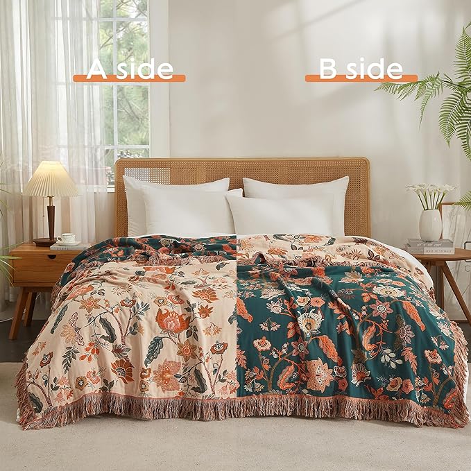 Boho Throw Blanket for Bed 90”x98”, 100% Cotton Woven Blanket for Couch Sofa, Ultra Soft 4-Layer Muslin Quilt with Floral Printed, Farmhouse Bed Blanket/Cover for Living Room Decor